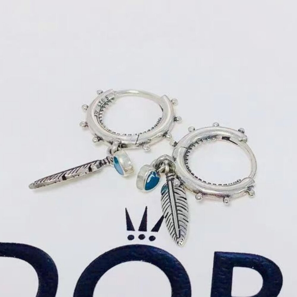 Pandora Turquoise Hearts and Feather Hoop Earrings